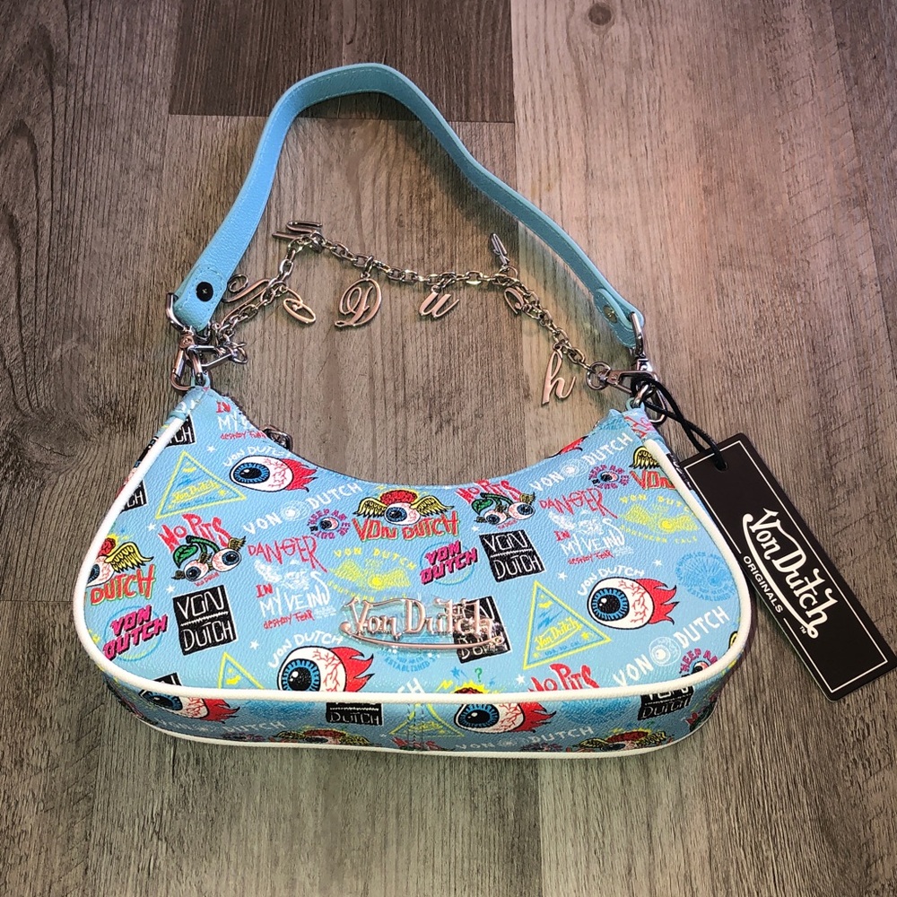 Von Dutch Blue Jax Shoulder Bag & Silver Tone Von Dutch Logo Chain Accent NWT